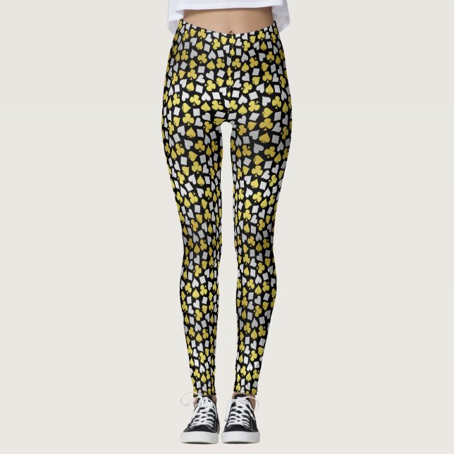 Poker Card Suits Vegas Casino Gambler Gold Silver Leggings (Front)