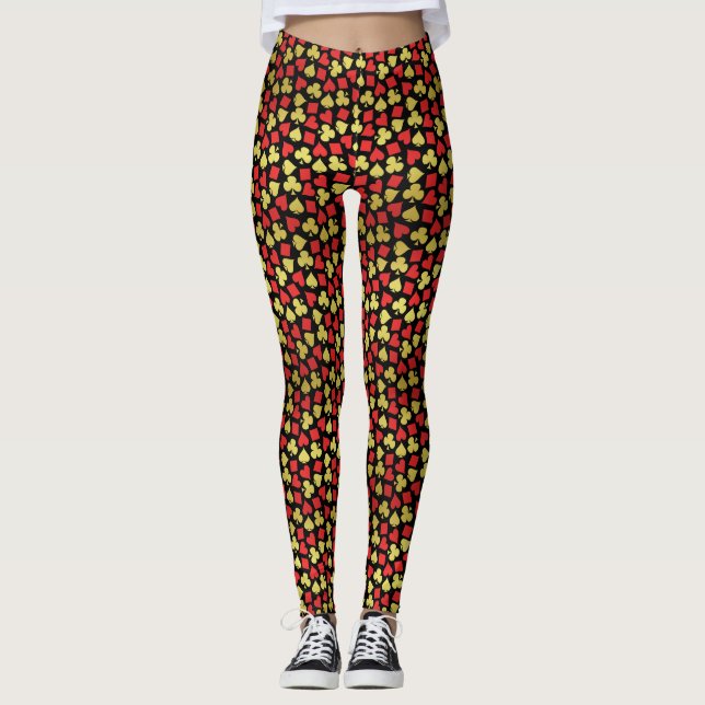 Poker Card Suits Vegas Casino Gambler Red Gold Leggings (Front)