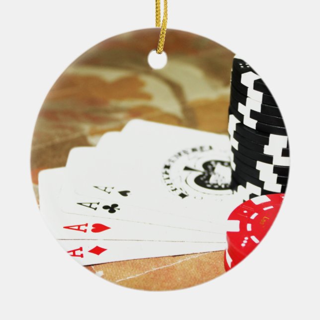 Poker Cards Aces Chips Gambling Casino Win Game Ceramic Tree Decoration (Front)