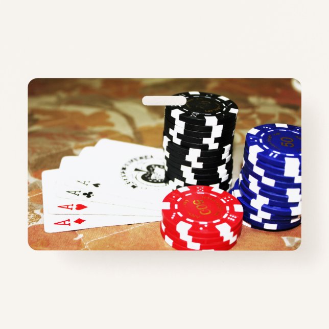 Poker Cards Aces Chips Gambling Casino Win Game ID Badge (Front)