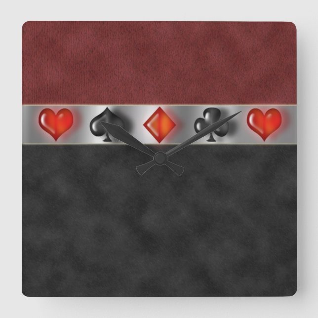 Poker Cards Suite Games Digital Black Red Suede Square Wall Clock (Front)