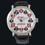 Poker Casino Gambler Card Suits Custom Name Watch<br><div class="desc">This cool poker / casino themed wristwatch has black and red card suits in a circle with stylised, modern watch numbers in white. The spades, clovers, hearts and diamonds circle around the centre, where you can use the easy template to add your name or any other short text you would...</div>
