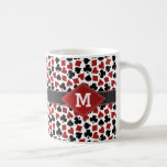 Poker Casino Suit Pattern Monogram Coffee Mug<br><div class="desc">This cool, poker inspired mug has a background pattern made of playing card suits (spades, clovers, hearts, diamonds). A black ribbon graphic runs across the middle, with a red diamond on each side where you can add your initial in white (change the template and it will change on both sides)....</div>