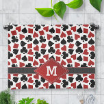 Poker Casino Suit Pattern Monogram Tea Towel<br><div class="desc">This cool, poker inspired kitchen towel has a background pattern made of playing card suits (spades, clovers, hearts, diamonds). A black ribbon graphic runs across both edges, with a red diamond where you can add your initial in white (change the template and it will change on both diamonds). This is...</div>