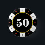 Poker Chip 50th Birthday Party 3 Cm Round Badge<br><div class="desc">Cool,  black,  white,  red and gold 50th birthday party casino poker chip button pin.  Personalise it with your age.  Great party favour for poker players.</div>