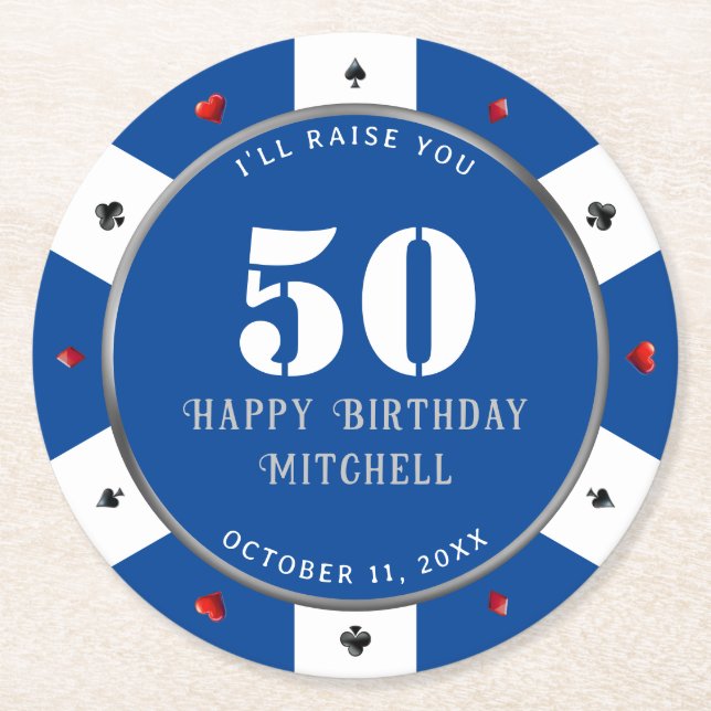 Poker Chip 50th Birthday Party Blue Round Paper Coaster (Front)
