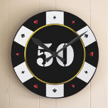 Poker Chip 50th Birthday Party Round Clock<br><div class="desc">Cool,  black,  white,  red and gold 50th birthday party casino poker chip wall clock.  Personalise it with your age.  Great Christmas or birthday gift for poker players.</div>