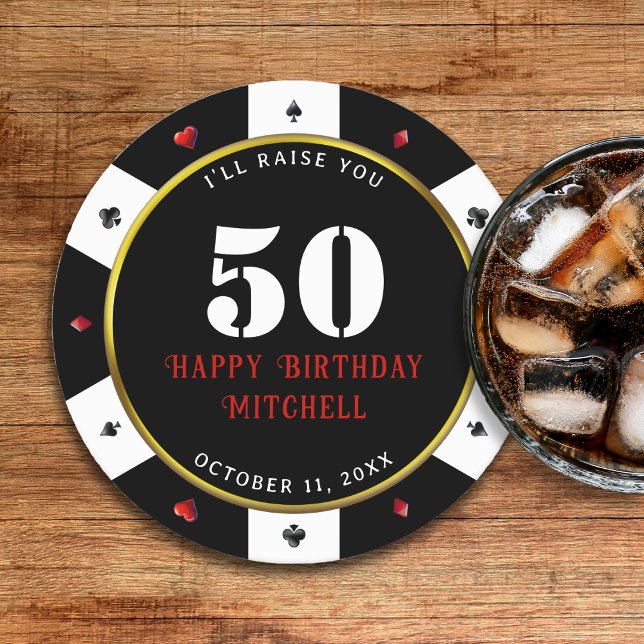 Poker Chip 50th Birthday Party Round Paper Coaster (Creator Uploaded)
