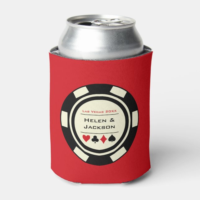 Poker Chip Black Red Las Vegas Casino Wedding Can Cooler (Can Front)