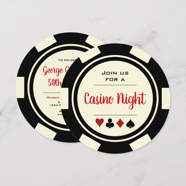 Poker Chip Black White Casino Night Birthday Invitation (Front/Back)