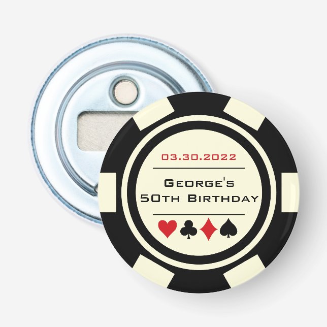 Poker Chip Casino Black Cream White Birthday Bottle Opener (Front)