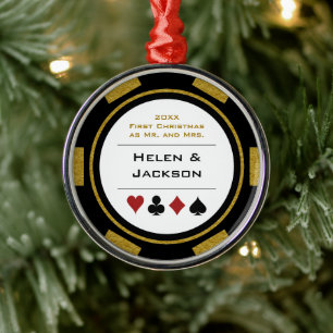 Poker Chip First Christmas Mr & Mrs Black Gold Metal Tree Decoration
