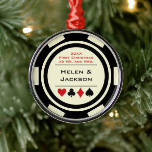 Poker Chip First Christmas Mr & Mrs Black Ivory Metal Tree Decoration