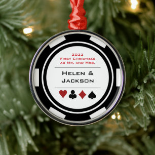 Poker Chip First Christmas Mr & Mrs Black White Metal Tree Decoration