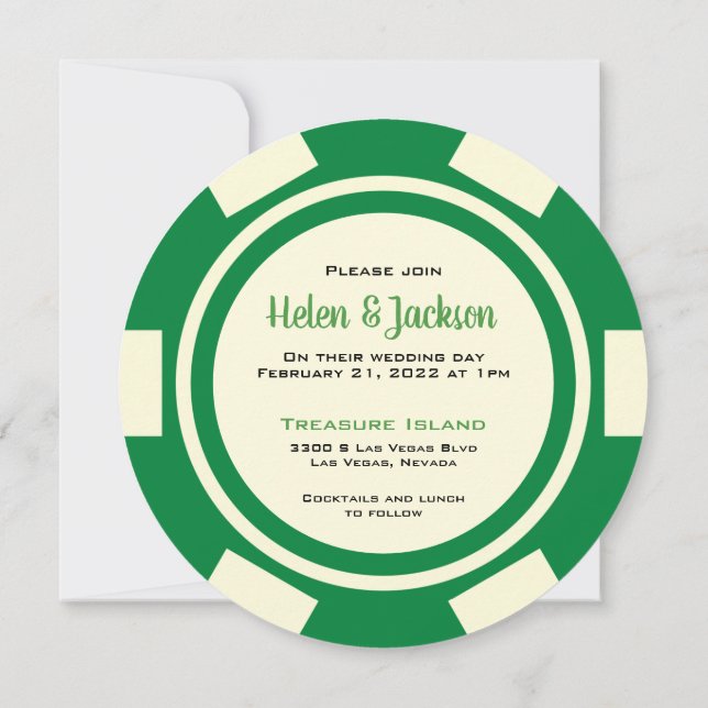 Poker Chip Green and White Las Vegas Wedding Invitation (Back)