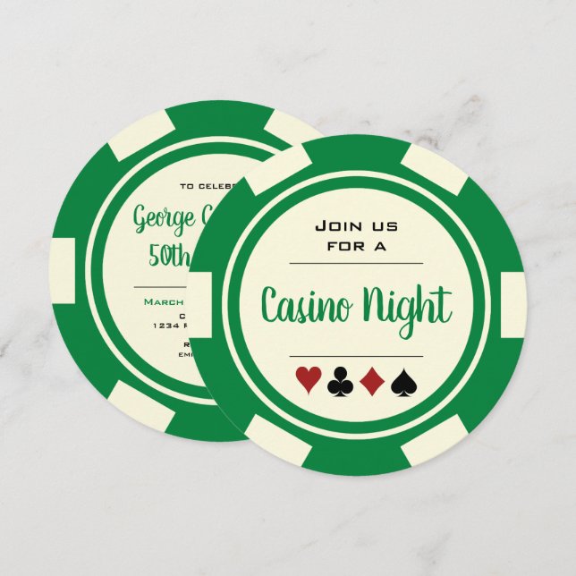 Poker Chip Green Off-White Casino Night Birthday Invitation (Front/Back)