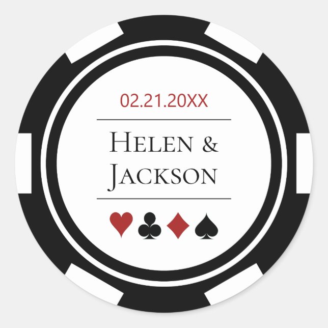 Poker Chip in Black and White Las Vegas Wedding Classic Round Sticker (Front)