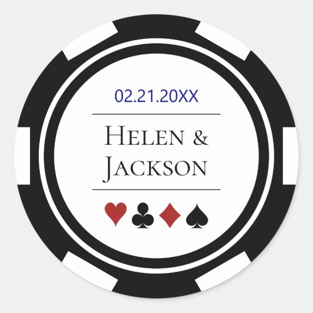 Poker Chip in Blue Black White Las Vegas Wedding Classic Round Sticker (Front)
