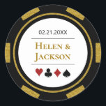 Poker Chip in Gold Black White Las Vegas Wedding Classic Round Sticker<br><div class="desc">These poker chip wedding stickers,  in gold,  black,  white,  and red,  would make a perfect addition to your guest's favours or to seal their casino style invitations. Personalise your design with your names in gold in the centre,  and a wedding date,  thank you,  etc. in black on top.</div>