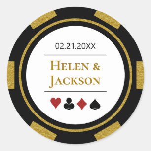 Poker Chip in Gold Black White Las Vegas Wedding Classic Round Sticker