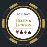 Poker Chip in Gold Black White Las Vegas Wedding Classic Round Sticker<br><div class="desc">These poker chip wedding stickers,  in gold,  black,  white,  and red,  would make a perfect addition to your guest's favours or to seal their casino style invitations. Personalise your design with your names in gold in the centre,  and a wedding date,  thank you,  etc. in black on top.</div>