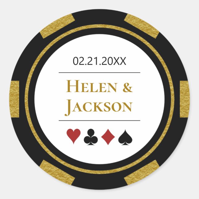 Poker Chip in Gold Black White Las Vegas Wedding Classic Round Sticker (Front)