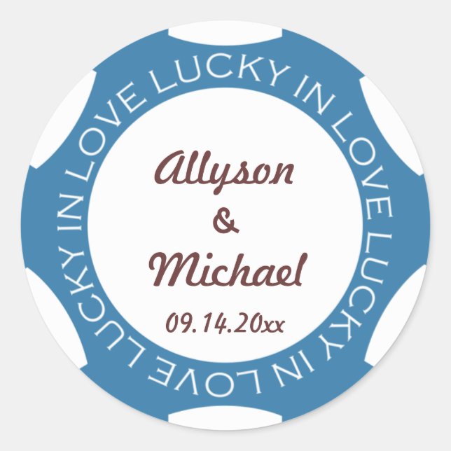 Poker chip lucky in love wedding favour label blue (Front)