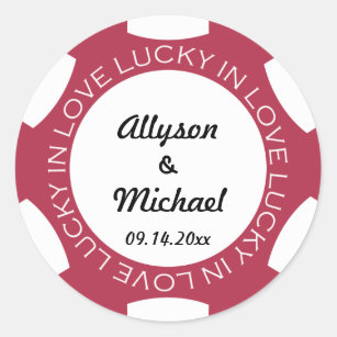 Poker chip lucky in love wedding favour label red