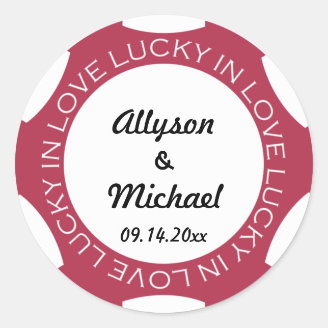 Poker chip lucky in love wedding favour label red (Front)