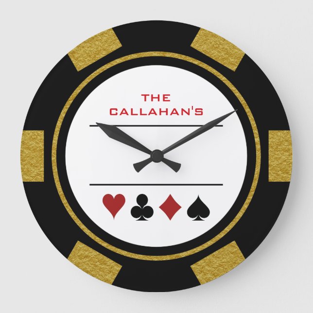 Poker Chip Man Cave Black and Gold Large Clock (Front)