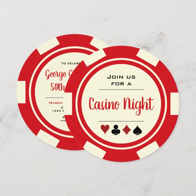 Poker Chip Red Off-White Casino Night Birthday Invitation (Front/Back)