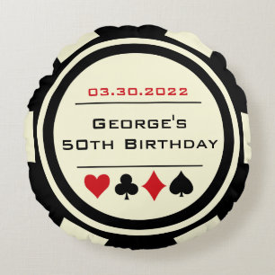 Poker Chip Style Black and Creamy White Birthday Round Cushion