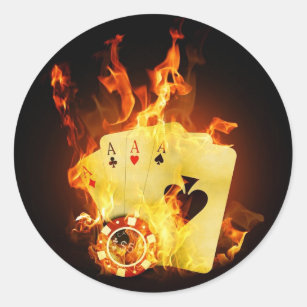 Poker Chips Cards on Fire Classic Round Sticker