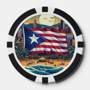 Poker Chips with Puerto Rico Flag Over Beach