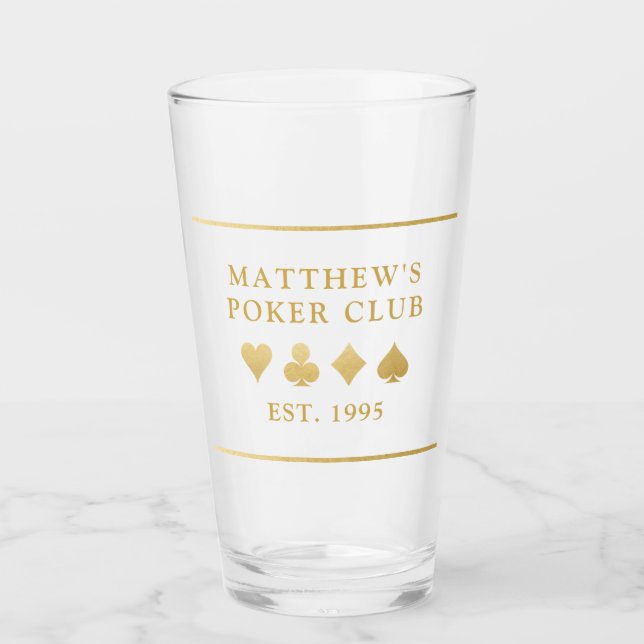 Poker Club Name and Date Playing Card Suit Beer Glass (Front)
