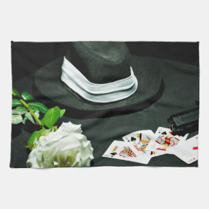 Poker gangster gun rose tea towel