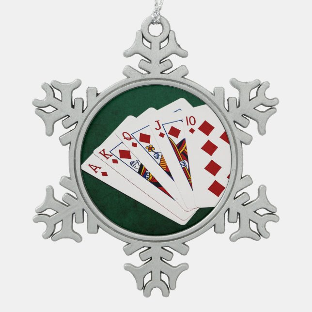 Poker Hands - Royal Flush - Diamonds Suit Snowflake Pewter Christmas Ornament (Front)