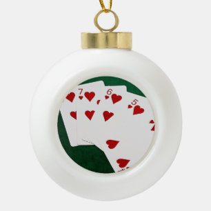 Poker Hands - Straight Flush - Hearts Suit Ceramic Ball Christmas Ornament