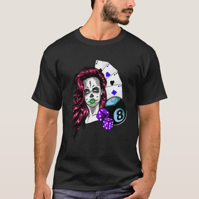 Poker Lady Gambling Rolling Dice Skull Face T-Shirt (Front)