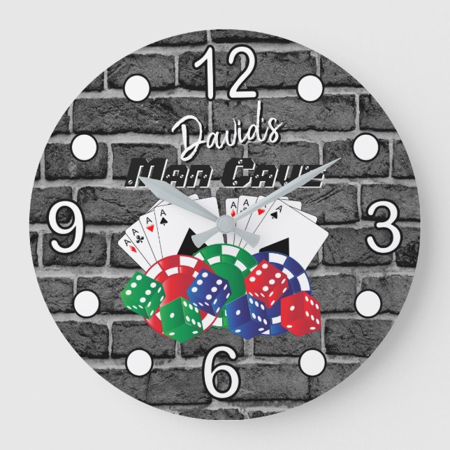 Poker Night at the Man Cave on Brick Large Clock (Front)