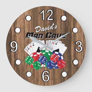 Poker Night at the Man Cave on Wood Large Clock