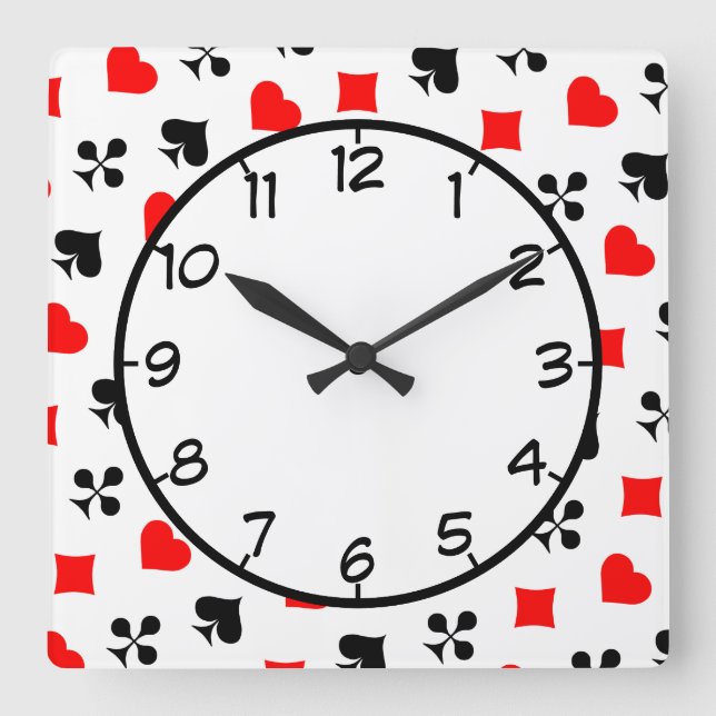 Poker Playing Cards Diamond Club Spade Heart Square Wall Clock (Front)
