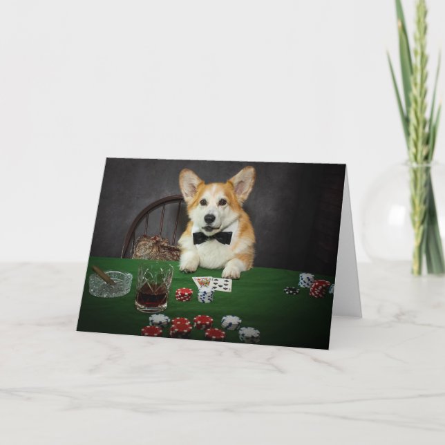 Poker Playing Corgi blank greeting card (Front)