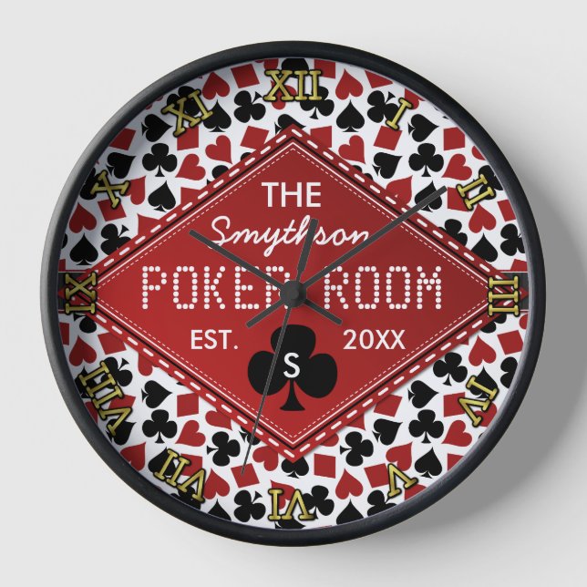 Poker Room Casino Customisable Text Name Suits Wall Clock (Front)