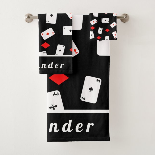 Poker Theme Playing Cards & Red Diamonds His Name  Bath Towel Set (Insitu)
