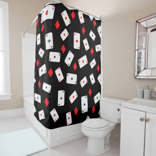Poker Themed Playing Cards and Red Diamond Pattern Shower Curtain (In Situ)