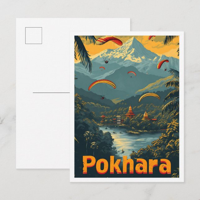 Pokhara Nepal Vintage Art Travel Illustration Postcard (Front/Back)