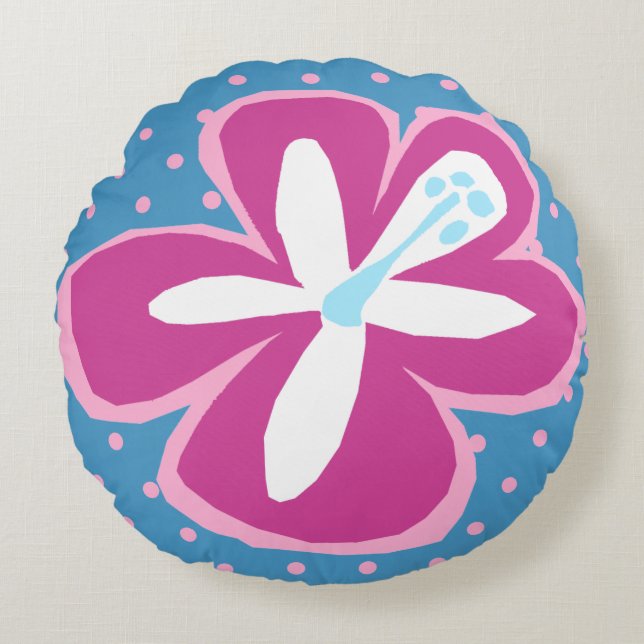 Pokii Hawaiian Aloha Hibiscus Polka Dot Reversible Round Cushion (Front)
