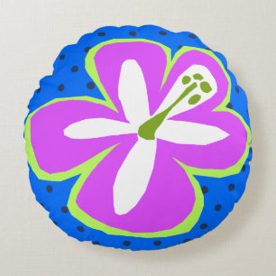 Pokii Hawaiian Aloha Hibiscus Polka Dot Reversible Round Cushion
