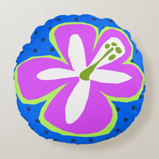 Pokii Hawaiian Aloha Hibiscus Polka Dot Reversible Round Cushion (Front)